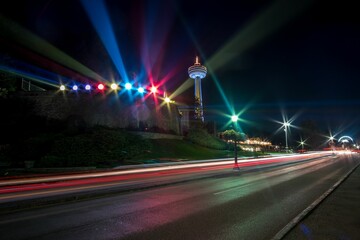 Long Exposure of street lights at night in Niagara Falls city, Canada