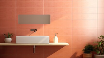 a bathroom with a sink, mirror and a potted plant on a shelf in front of a pink wall.  generative ai