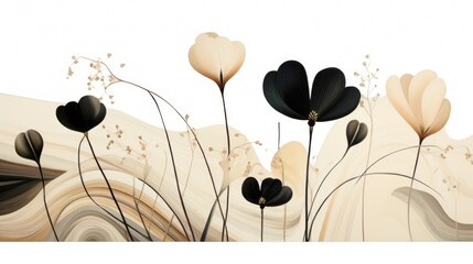  a painting of black and white flowers on a white background with a swirly wave in the middle of the image.  generative ai