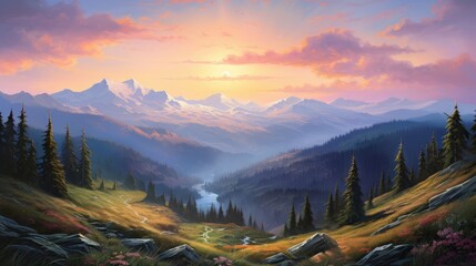  a painting of a beautiful mountain scene with a river in the foreground and a sunset over the mountains in the background.  generative ai