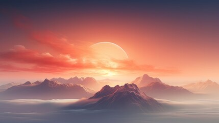  a computer generated image of a mountain range with a rising sun in the background and clouds in the foreground.  generative ai