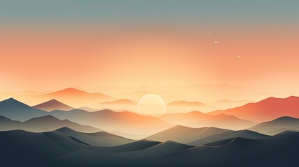 Fototapeta na wymiar a sunset view of a mountain range with a bird flying over the top of the mountain and the sun in the distance. generative ai