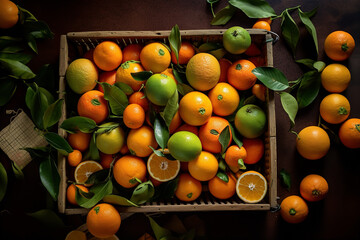 Assortment of citrus fruits, including tangerines, pomelos, kumquats in a wooden box, dark background
