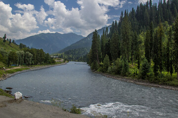 Picture of Mountain, Trees, River and Stream of adjoining areas of Kashmir. In this picture you can see the hill view along with stream and trees with beautiful scene of greenery on mountains