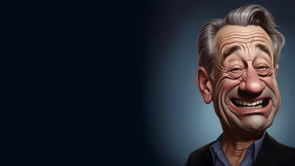 Close up portrait of a mature middle age man having a big smile, 3D style cartoon illustration, isolated on a dark blue background, copy space