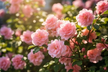Fototapeta na wymiar Beautiful blooming rose bush with soft selective focus on blossoms. Captivating natural floral spring background for wallpaper. Generative AI