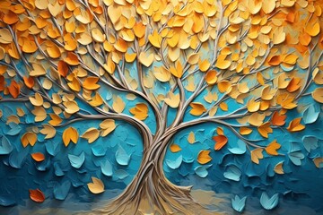 Vibrant tree backdrop with blue, golden, and turquoise leaves on canvas. 3D mural art. Generative AI