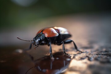 a close-up of a beetle on surface with blurred backgrounds. Generative AI