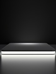 White LED Minimalistic Product Podium. The Stage for Product Presentation on Black Background. Geometric Platform Pedestal. Ai Generated Vertical Podium Mockup for a Product advertisement.