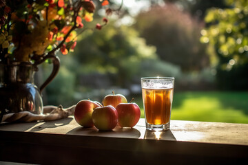 Clear glass of apple cider placed on a wooden table, garden scene, sun-lit foliage