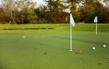 golf ball on the green, poised to sink into the hole, with the flag fluttering in the breeze,...