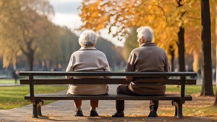 old couple sitting on bench in a park in autumn - obrazy, fototapety, plakaty