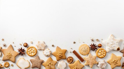 Christmas gingerbread cookies background, assorted Christmas cookies on a white background - obrazy, fototapety, plakaty
