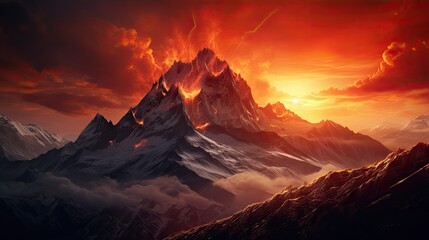  a painting of a mountain with a red sky in the background and a red sun in the middle of the mountain.  generative ai