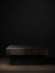 Wooden Ebony Minimalistic Product Podium. The Stage for Product Presentation on Black Background. Geometric Platform Pedestal. Ai Generated Vertical Podium Mockup for a Product advertisement.