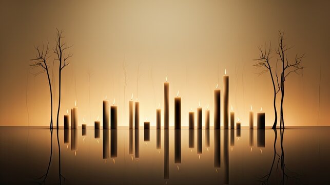  a group of tall candles sitting in the middle of a body of water next to a row of dead trees.  generative ai
