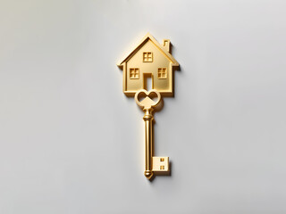 housewarming concept, golden key in the shape of a house top view, flatlay