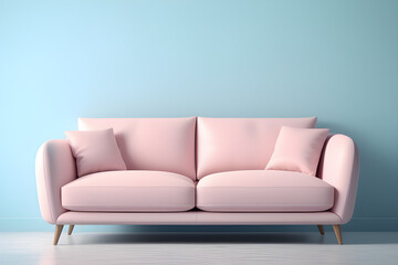 cozy pastel pink sofa on pastel blue background minimalism