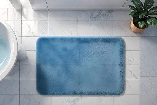light blue bath mat on the bathroom floor with white tiles flatlay