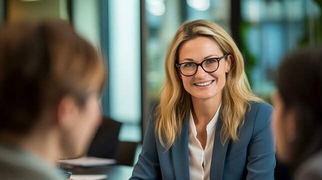 female consulting client managing professional team work communicating in office boardroom. generative AI 