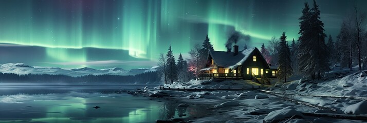 Polar Lights  and Santa house in forest landscape, banner
