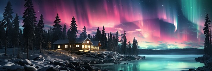 Winter polar lights over Santa house  - obrazy, fototapety, plakaty