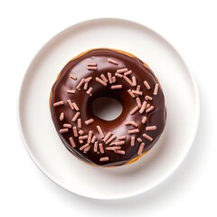 Top view of chocolate donut with sprinkles on white background.