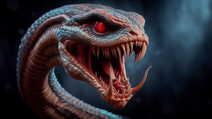 Snake fantasy monster with red eyes and sharp teeth - obrazy, fototapety, plakaty