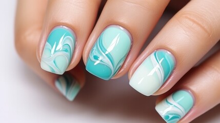 A woman's hand with a blue and white manicure. Generative AI.