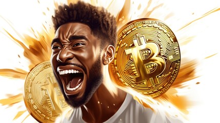 A man with a bitcoin on his face. Generative AI.