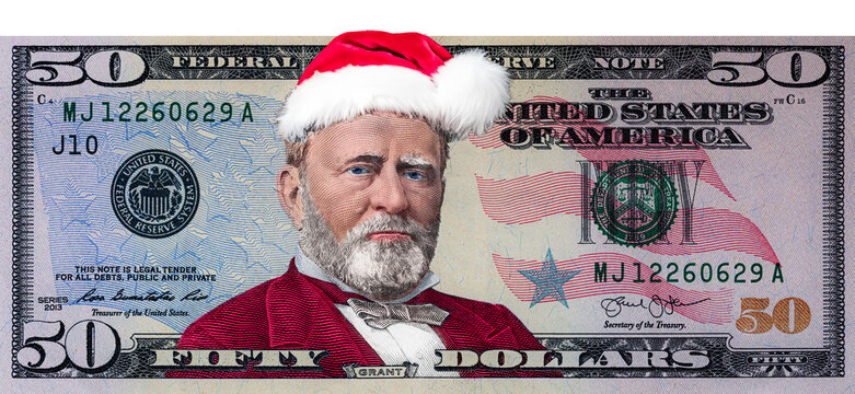 Ulysses S. Grant from US 50 dollar banknote in Santa Claus hat