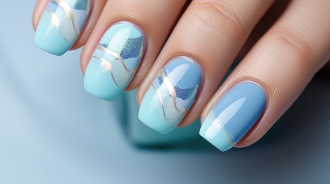A woman's hand with a blue manicure. A blue nail polish design. Generative AI.