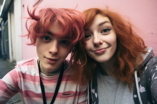 A couple of young people with red hair posing for a picture. Generative AI.