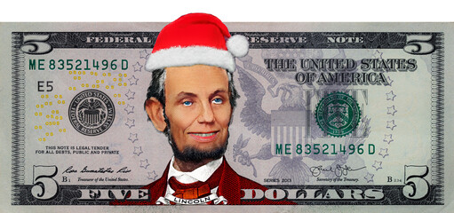 Abraham Lincoln from US 5 dollar banknote in Santa Claus hat