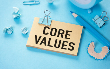 The Core Values text on colored sticky notes next to the pencil bulb icon, Copy space