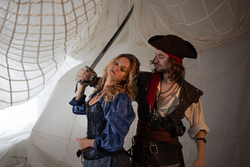 Pirate robber took a young lady hostage, pirate costumes, halloween party