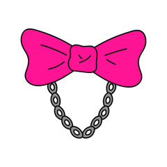 Emo pink bow with chain. Y2k style. Black subculture. Vector flat illustration isolated on white background.