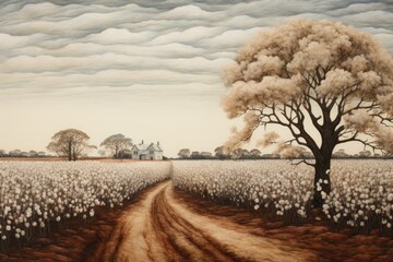 Rural landscape with farmer's cotton field - obrazy, fototapety, plakaty