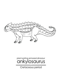 Ankylosaurus, a Cretaceous period plant-eating armored dinosaur. Black and white line art, perfect for coloring and educational purposes.