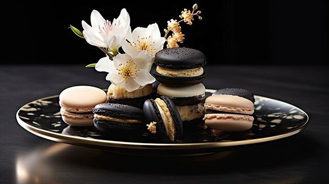  a black and gold plate topped with macaroons and a bouquet of flowers on top of a black table.  generative ai