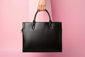 close up of a person holding a minimalist black tote bag with a sleek design against a contrasting pink background - obrazy, fototapety, plakaty