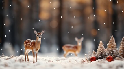 Composition of Christmas and New Year holidays. Christmas tree, reindeer and decorations on a light background with light and snow, shallow depth of field