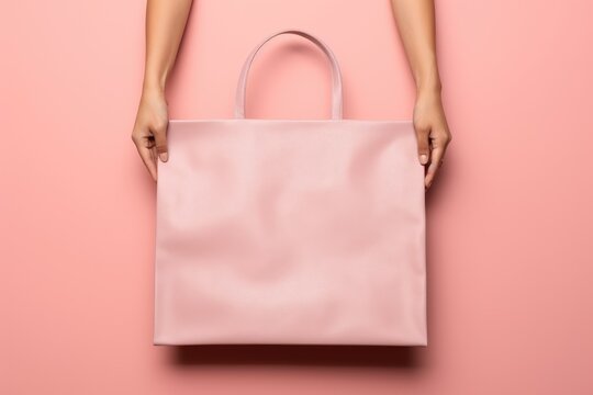 close up person's hands holding a large, pale pink tote bag against a matching pink background, presenting a blank canvas for design mockups or advertising - Powered by Adobe