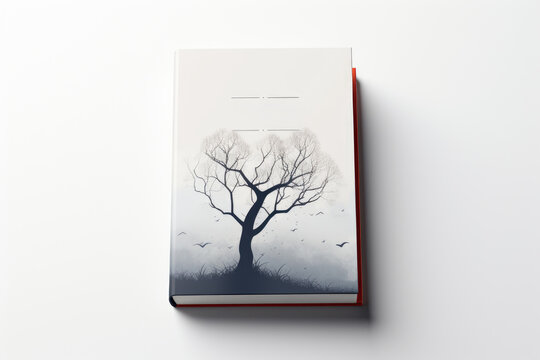 Book cover design with tree and birds silhouette on white background
