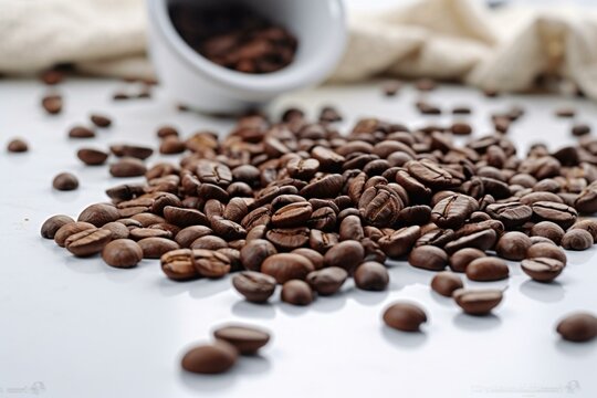 Coffee beans on a white table with more beans nearby. Generative AI