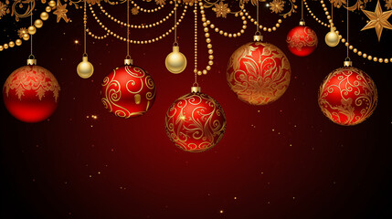 Christmas holiday concept banner with Christmas red and gold ornament balls, isolated on dark red background, copy space. Winter holidays, New Year.