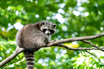 Scenic view of a raccoon standing on a branch of a tree in the wild - obrazy, fototapety, plakaty