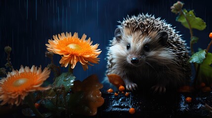 Fototapeta premium a hedgehog sitting on top of a rock next to a bunch of flowers and a yellow flower in the rain. generative ai