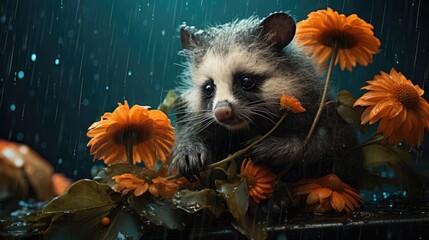  a raccoon sitting on top of a table next to a bunch of sunflowers in the rain.  generative ai