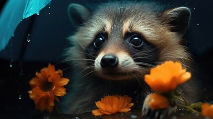  a raccoon standing in the rain with an umbrella over it's head and flowers in front of it.  generative ai